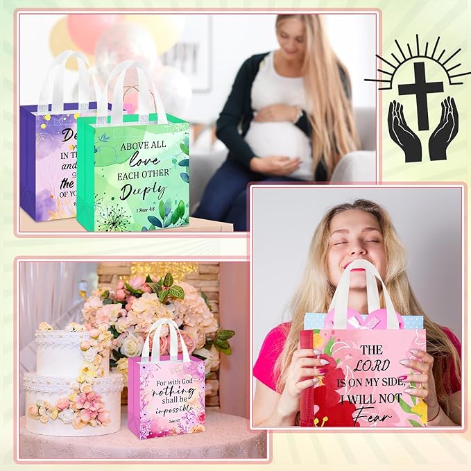 HunnmingRe 64 Pcs Christian Gift Bags Bulk, Easter Reusable Flower Religious Bible Verse Tote with Handles Non Woven Scripture Pastor Blessing Gift for Baptism Church Wedding Favors
