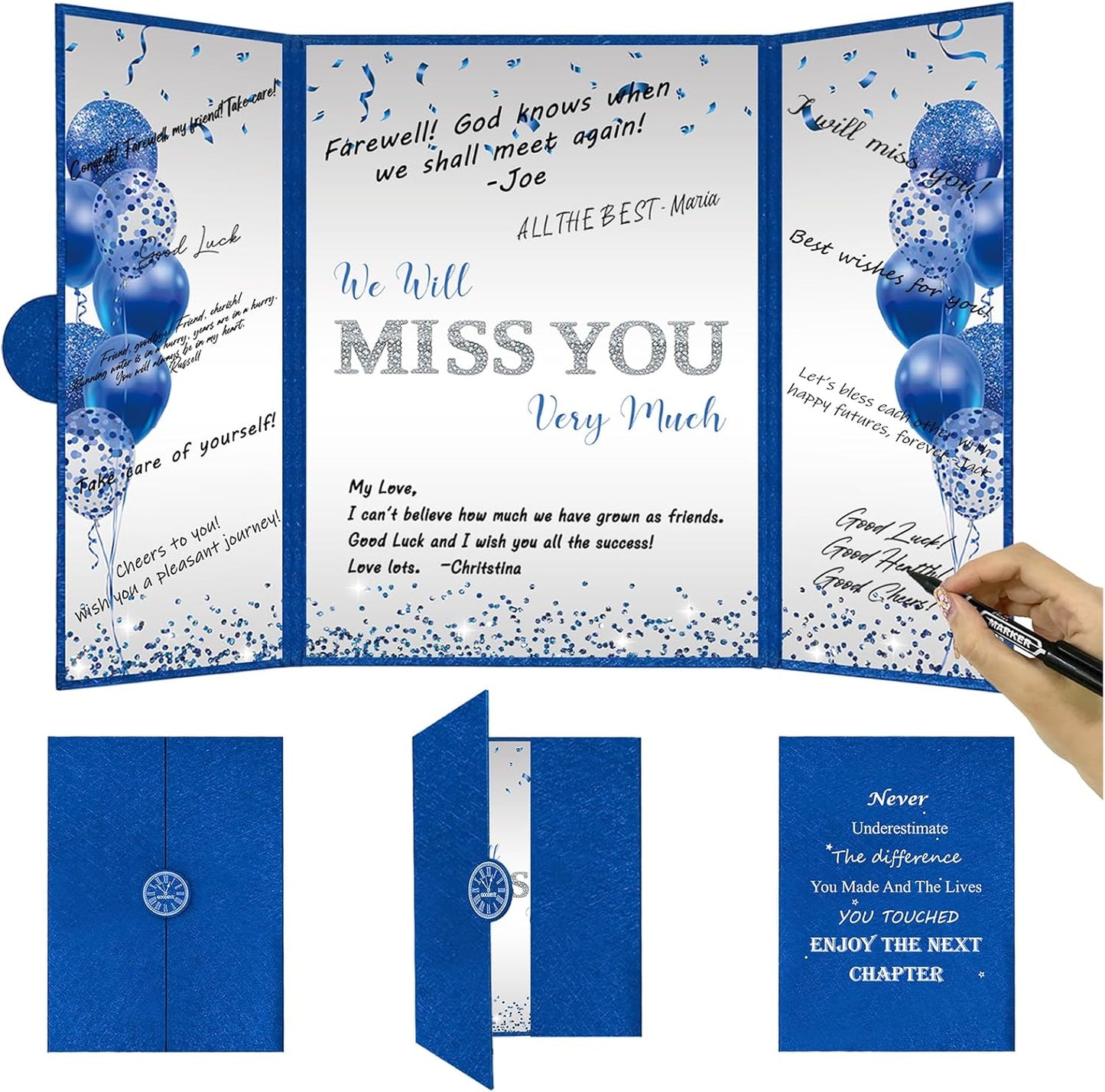 DARUNAXY Blue Silver Farewell Party Decorations, We Will Miss You Very Much Alternative Signature Guest Book for Men Women Going Away Gifts Signing Card Board for Retirement Graduation Party Supplies