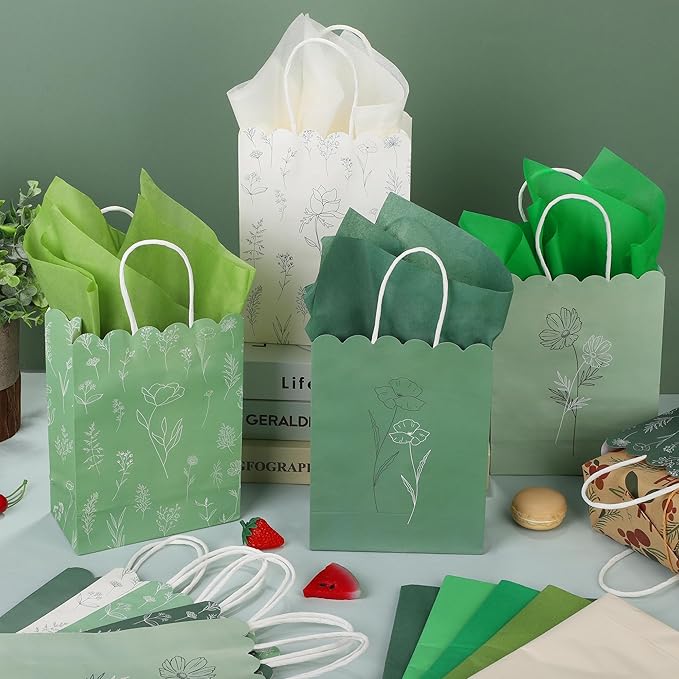 MIMIND 120 Pcs Sage Green Wildflower Gift Bags with Handles Reusable Floral Paper Bags with Tissue Paper for Weddings Birthdays Baby Shower Party Favors