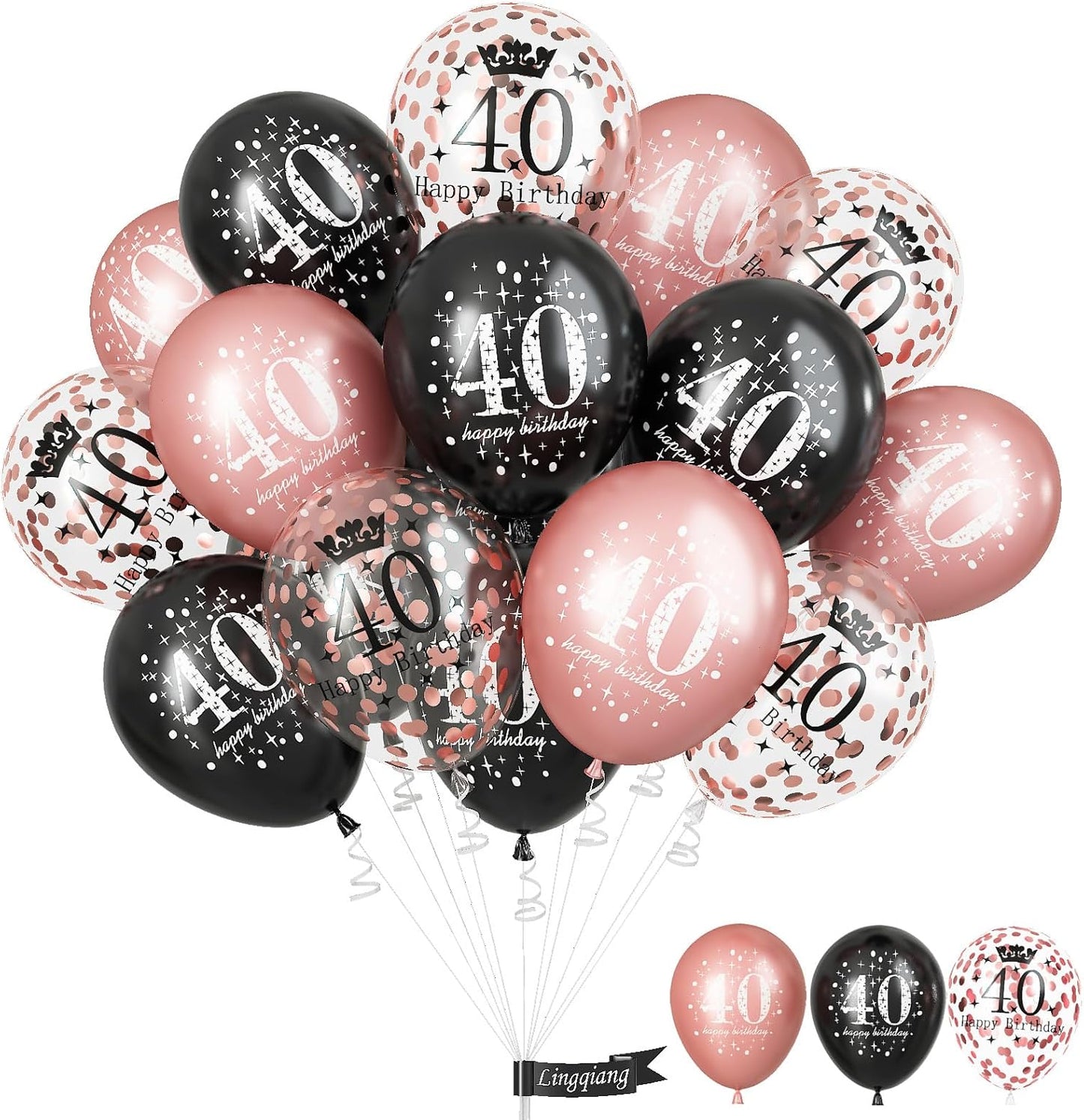 Black Rose Gold Happy 40th Birthday Balloons, 15 Pieces 40th Birthday Decorations for Women, 40th Latex Helium Balloons for Her Age 40 Years Old 40th Birthday Party Decor Celebration Supplies