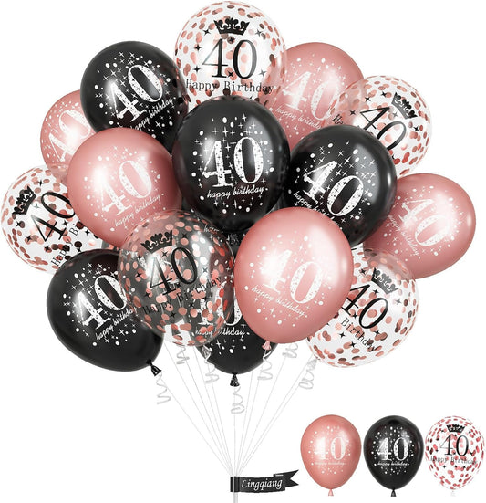Black Rose Gold Happy 40th Birthday Balloons, 15 Pieces 40th Birthday Decorations for Women, 40th Latex Helium Balloons for Her Age 40 Years Old 40th Birthday Party Decor Celebration Supplies
