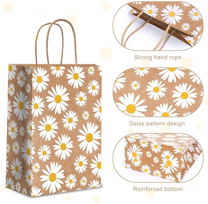 Whaline 12 Pack Daisy Flower Goodie Bags Hippie Daisy Flower Gift Kraft Paper Bags with Handles Floral Gift Bags for Spring Party Favor Wedding Birthday Shopping Baby Shower, 5.9 x 8.3 x 3.1 Inch