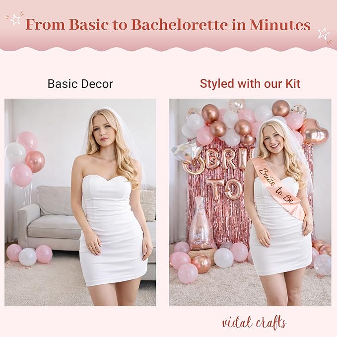 VIDAL CRAFTS Rose Gold Bridal Shower Decorations, 62-Piece Pink Bachelorette Party Decorations with Bride to Be Banner, Confetti Balloons, Bride Sash, Veil, Fringe Curtain & Photo Props