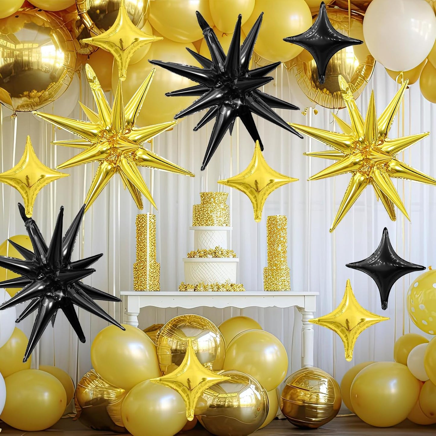 Black Gold Star Balloon,Black Gold 6Pcs 22Inch Explosion Star Balloons and 10Pcs 10Inch Four Angle Balloons Kit for New Year Birthday Graduation Anniversary Baby Shower Wedding Party Decorations