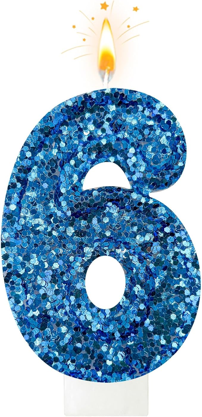 Zailo Birthday Number Candles, Glitter Number Candle Cake Decorations with Sequins, Cupcake Decorations for Girls, Women, Party Anniversary Celebrations (Number 6, Blue)