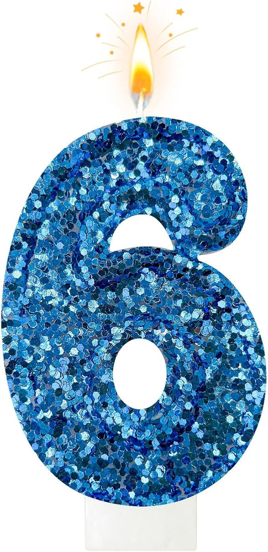 Zailo Birthday Number Candles, Glitter Number Candle Cake Decorations with Sequins, Cupcake Decorations for Girls, Women, Party Anniversary Celebrations (Number 6, Blue)