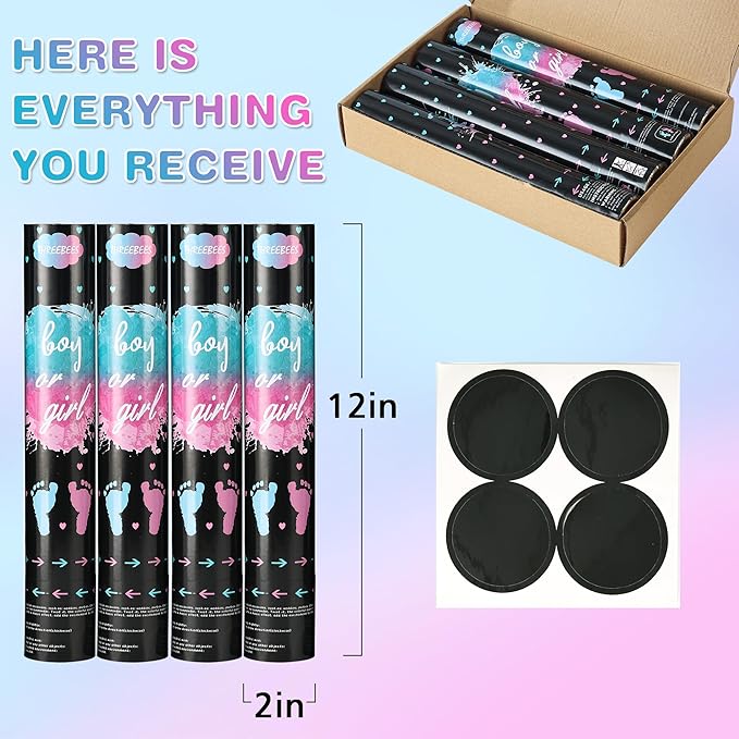 Gender Reveal Confetti Cannon, 2 Pack Pink and 2 Pack Blue, Biodegradable Confetti Paper with Cornstarch Powder, Confetti Blaster for Boy or Girl Gender Reveal, Party Poppers
