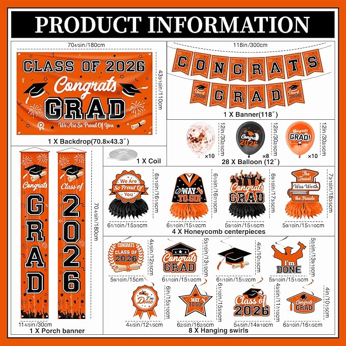 Graduation Decorations Class of 2026 Orange Graduation Party Decor Set include Congrats Grad Banner Backdrop Class of 2026 Balloons Party Supplies