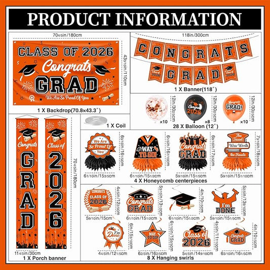 Graduation Decorations Class of 2026 Orange Graduation Party Decor Set include Congrats Grad Banner Backdrop Class of 2026 Balloons Party Supplies
