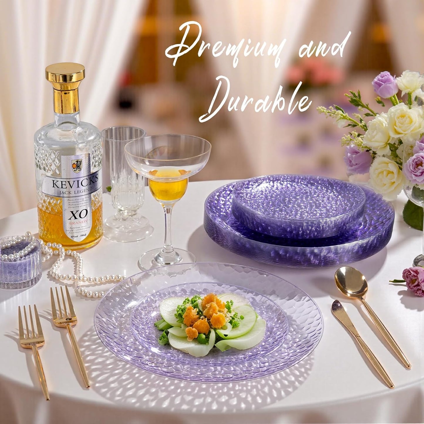Rubtlamp 60PCS Purple Plastic Plates, Purple Disposable Party Plates, Heavy Duty Plastic With Hammered, Fancy Disposable Platos Include 30 Dinner Plate, 30 Cake Plate For Parties Wedding