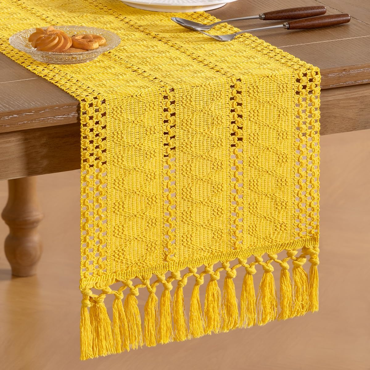 Socomi Boho Table Runner Macrame Fall Thanksgiving Farmhouse Woven Cotton Linen Rustic Coffee Table Runner with Tassels for Dresser Scarf Home Decor Dining Room 12x90 in Yellow Gold