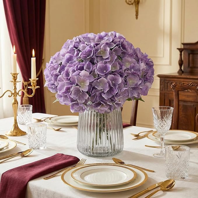 2Bouquets Artificial Fake Flowers Plants Silk Hydrangea Arrangements Wedding Bouquets Decorations Plastic Floral Home Kitchen Garden Party Festival Bar DIY (Lavender,5 Flower Heads)
