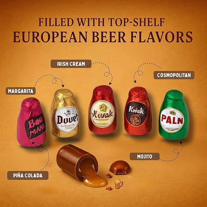 Andy Anand Chocolatier European Beer Flavored Dark Chocolate Bottles, Filled with Top-Shelf Beer, Gluten Free Assorted Flavors Chocolates, Packed in a Wooden Gift Box (18 Pcs)
