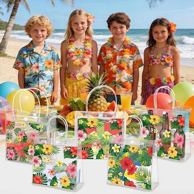 H1vojoxo Hawaiian Luau Gift Bags - 24PCS Hawaiian Luau Party Favors Bags Summer Luau PVC Clear Gift Bag with Handle Summer Tropical Palm Leaves Plastic Transparent Gifts Bag for Hawaiian Party Favor
