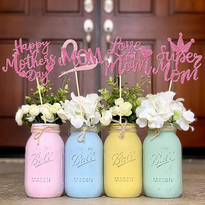 12 PCS Happy Mother's Day Centerpiece Sticks Double Sided Glitter Love Super Mom Best Mom Centerpieces for Happy Mother's Day Theme Table Flower Decorations Women Birthday Party Supplies Pink