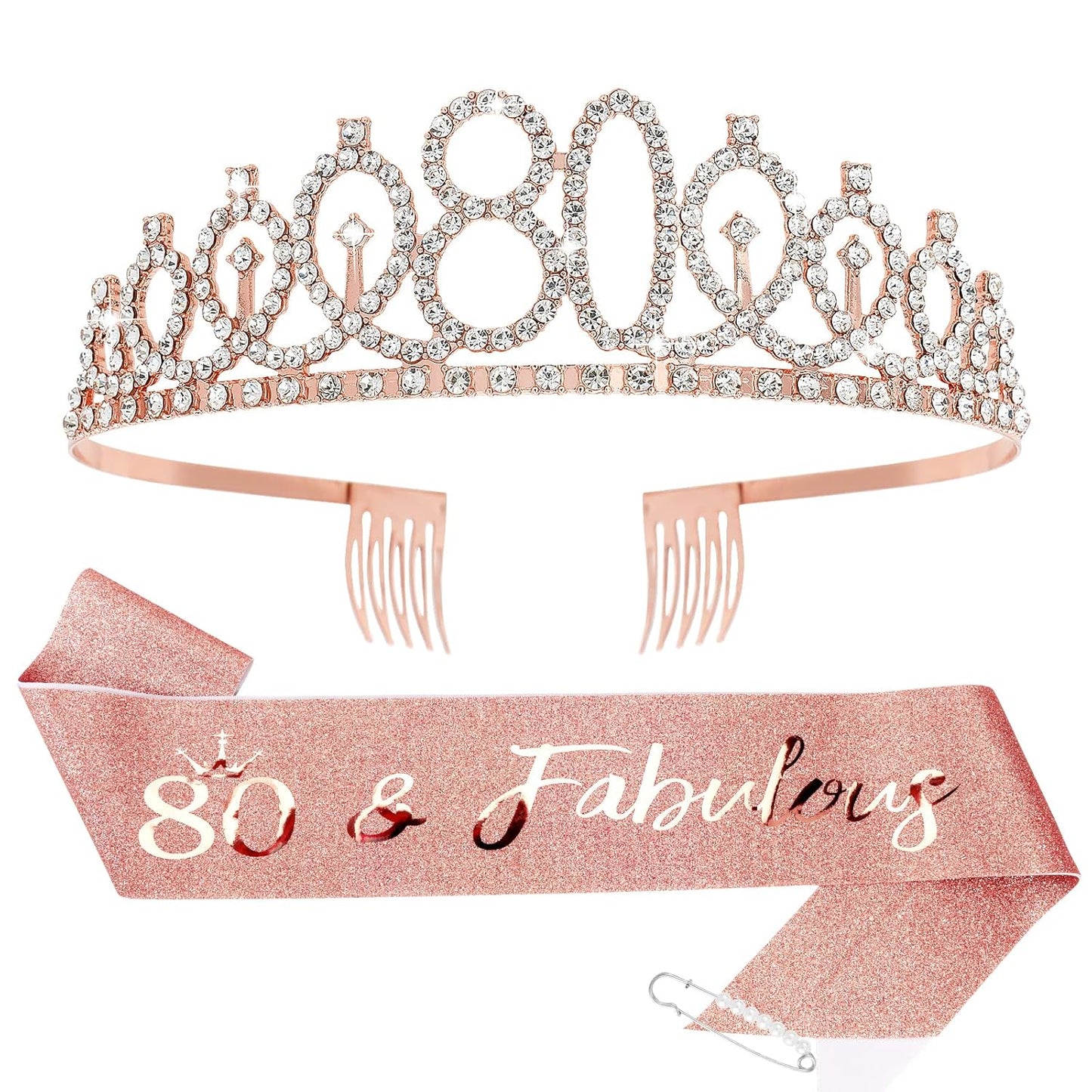 CIEHER 80th Birthday Crown + Sash + Pearl Pin Set, Elegant Gift for Women's 80th Birthday Party Decorations
