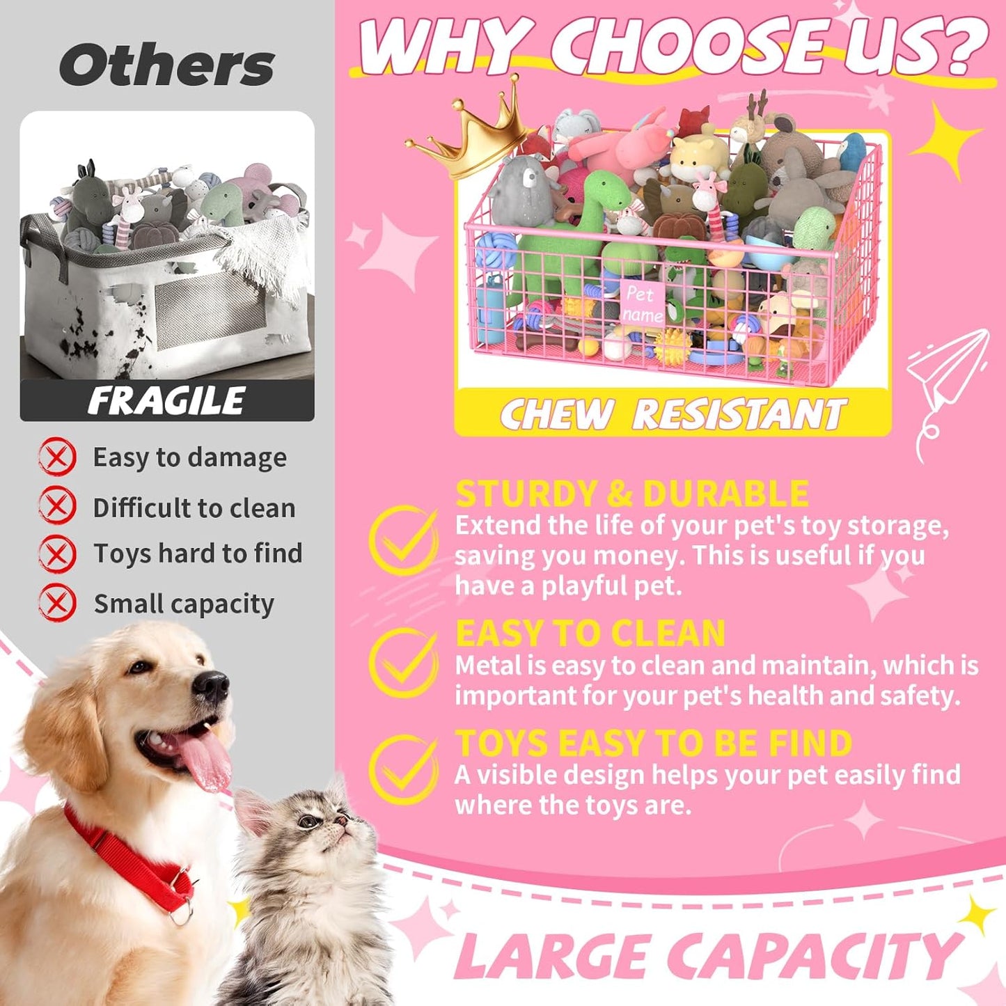 Indestructible Dog Toy basket, Large Toy Box for Dogs,Pet Toy Bin Dog Metal Basket for Toys, Toy Storage Organizer (Pink)