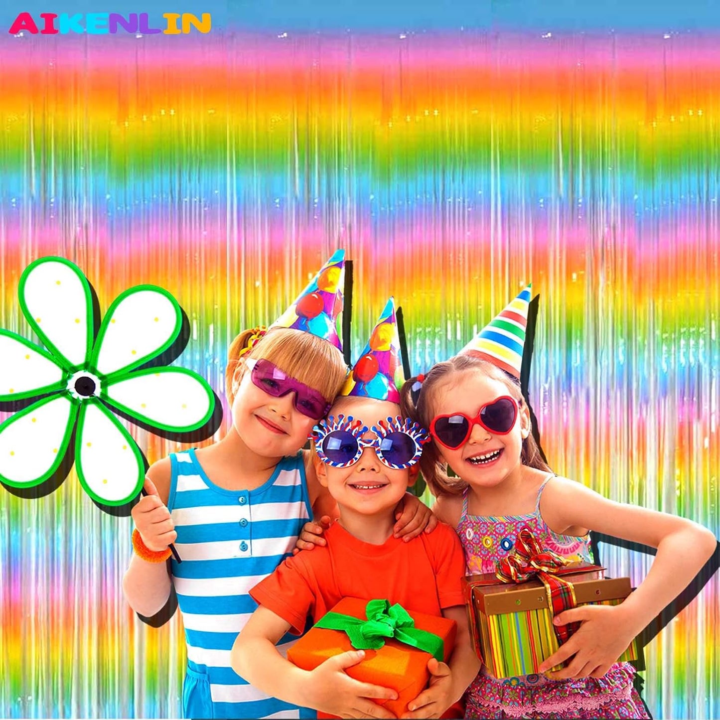 4 Pack 3.3Ft x 6.6Ft Rainbow Foil Fringe Curtain Backdrop, Colorful Metallic Tinsel Foil Fringe Streamers Curtains Background for Photo Booth, Birthday, Wedding, Halloween, Christmas Party Decoration