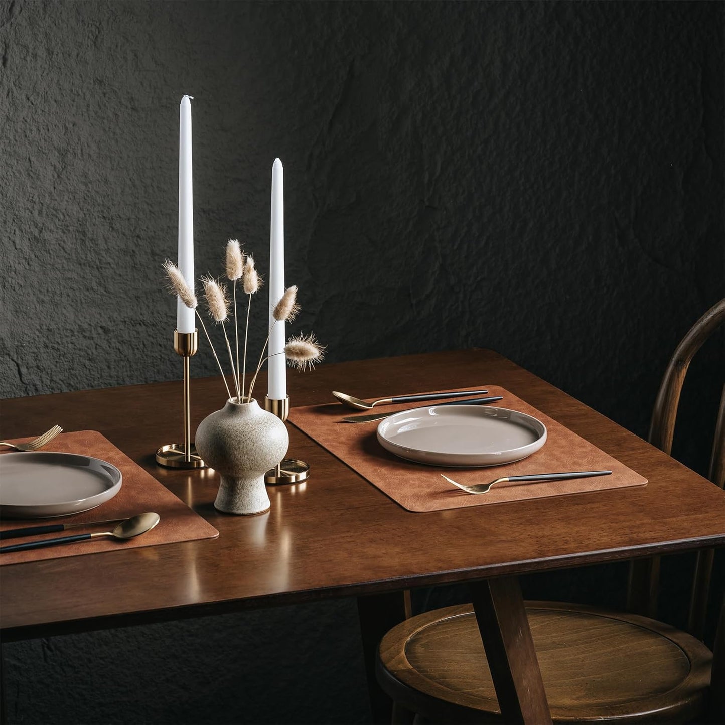 DOLOPL Thanksgiving Placemats Set of 8 Reversible Dual-Color Table Placemats – Heat Resistant Wipeable & Washable Place Mats, Luxury Faux Leather Table Mats for Table Decor (Reddish Brown & Brown)