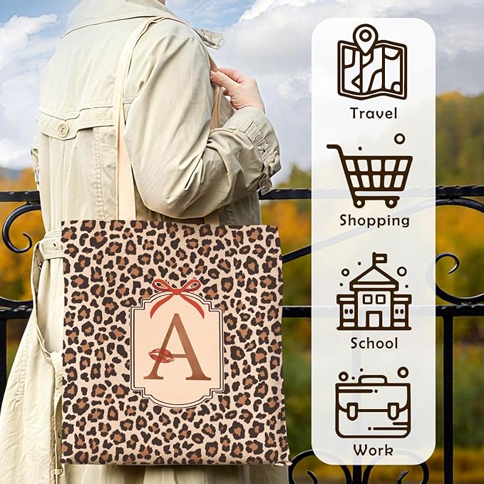 Coquette Leopard Print Letter A Tote Bag for Women,Trendy Cheetah Print Canvas Tote Bag for Girls,Red Bow Letter A Leopard Aesthetic Reusable Shopping Grocery Bags Party Favors