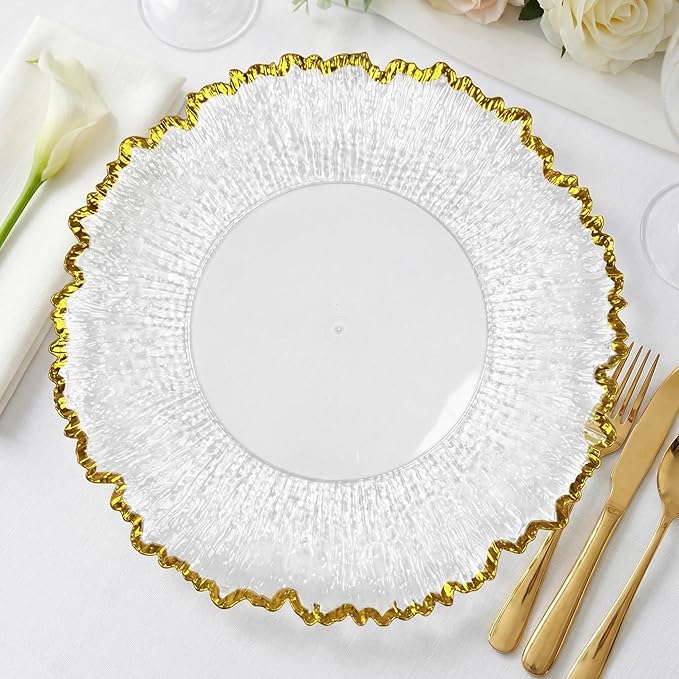 13inch Clear Acrylic Gold Rim Charger Plates,Set of 8, Gold Reef Textured Rim Charger Plates for Dinner,Wedding,Party,Event Decoration.