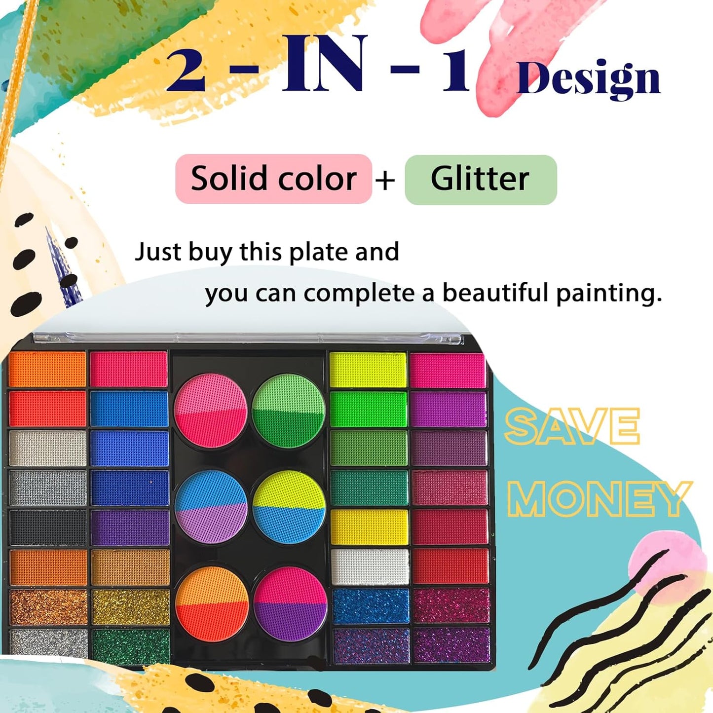 Face Painting Kit for Kids, 44 Colors Professional Face Paint Makeup Kit Non-Toxic Water Activated Facepaint Palette with Brush, Sponge, for Party Halloween (44 Colors)