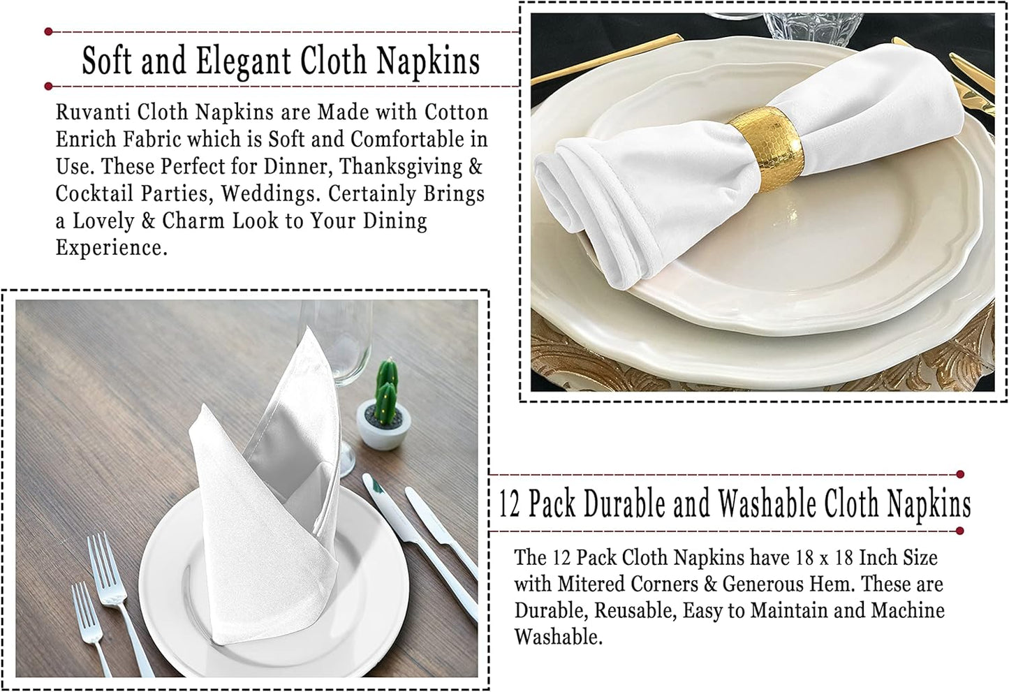 Ruvanti Cloth Napkins set of 12, 18x18 Inches Napkins Cloth Washable, Soft, Durable, Absorbent, Cotton Blend. Table Dinner Napkins Cloth for Hotel, Lunch, Restaurant, Weddings, Events, Parties - White