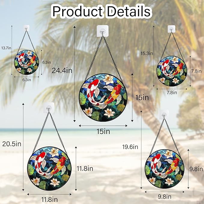 Stained Glass Window Hanging, Koi and Lotus Sun Catcher for Door Home Decor Fish Suncatcher Christmas Mother's Day Birthday Gifts for Women Men Mom and Nana 6.3 in