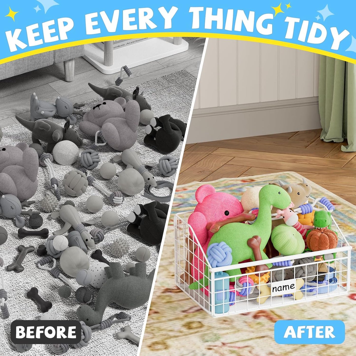 Indestructible Dog Toy basket, Small Toy Box for Dogs, Pet Toy Bin Dog Metal Basket for Toys, Dog Toy Storage, Dog Storage Organizer, Cat Dog Toy Box for Living Room Area (White)