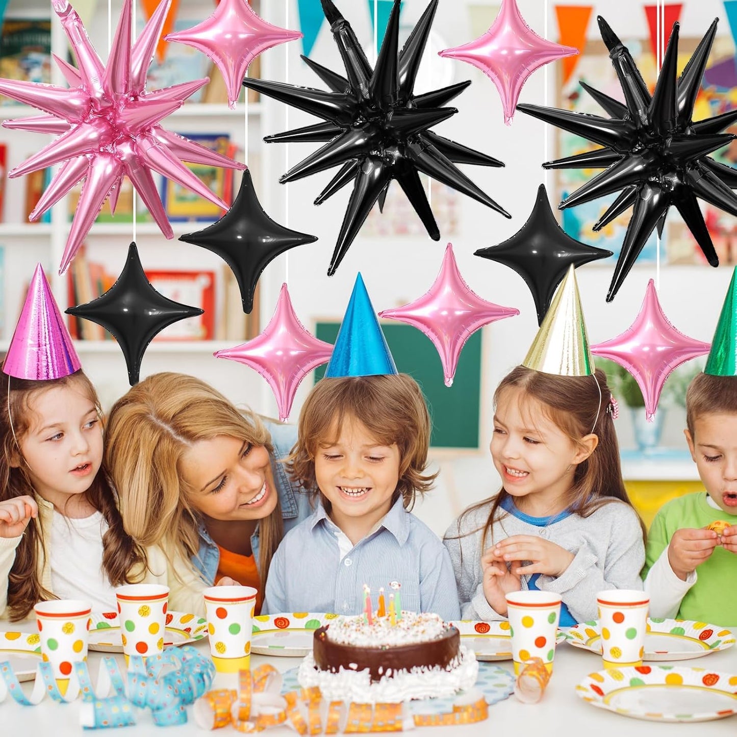 Black and Pink Star Balloon,6Pcs 22Inch Explosion Star Balloons and 10Pcs 10Inch Four Angle Balloons Kit for Birthday Anniversary Baby Shower Wedding Party Decorations