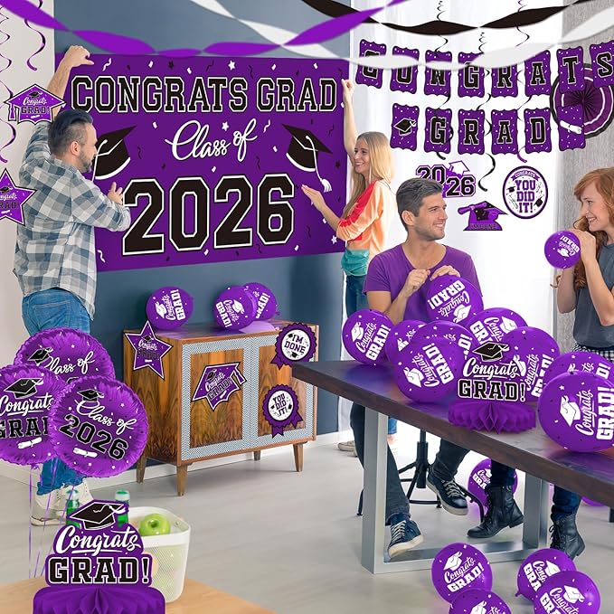 Purple Themed 2026 Graduation Decorations Set - Congrats Grad Banner, Class of 2026 Backdrop, Balloons & Streamers Kit - Complete Party Supplies for High School & College Celebrations