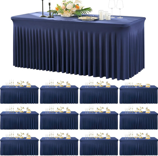 12 Pack Navy Blue Spandex Tablecloth for 6 Foot Rectangle Tables, Wrinkle Free Fitted Table Cloth Cover 6ft Blue Stretchy Tablecloths with Skirt for Parties Weddings Birthday Banquet Baby Shower