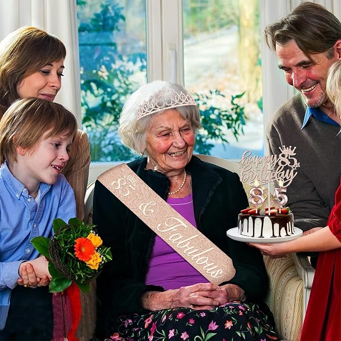 85th Birthday Party Decorations, Including 85th Birthday Sash and Crown, Cake Topper and Candles, Number Balloons, 85 Year Old Decorations Gifts Idea