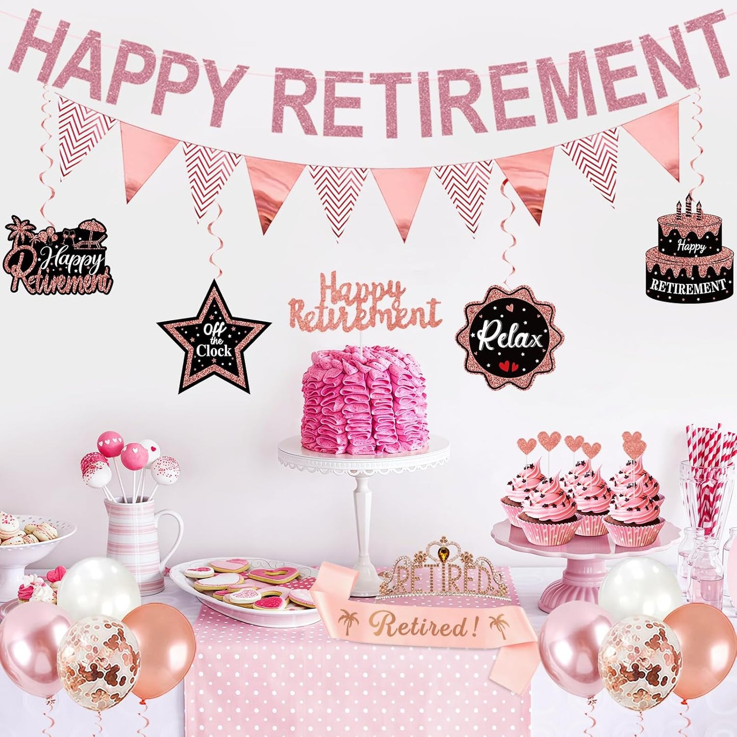 Rose Gold Retirement Party Decorations for Women, Retired Crown and Sash Retirement Backdrop Balloons Cake Toppers Hanging Swirls Retired Parties Supplies 24PCS