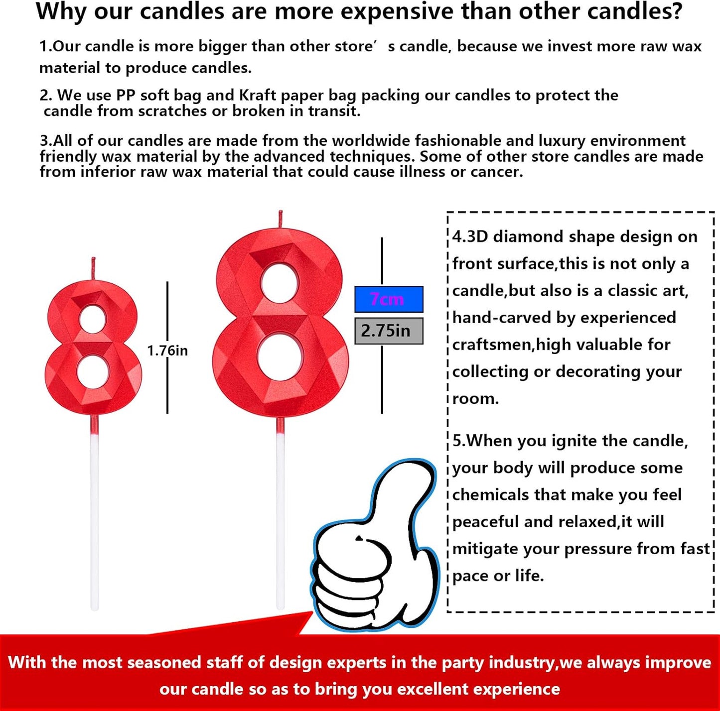 2.75in Tall 3D Diamond Shape Bright Red 8 Candles, Red Color Happy Birthday Cake Toppers Decorating and Celebrating for Adults/Kids Party/Family Baking (Bright Red Diamond Shaped 2.75in Number 8)