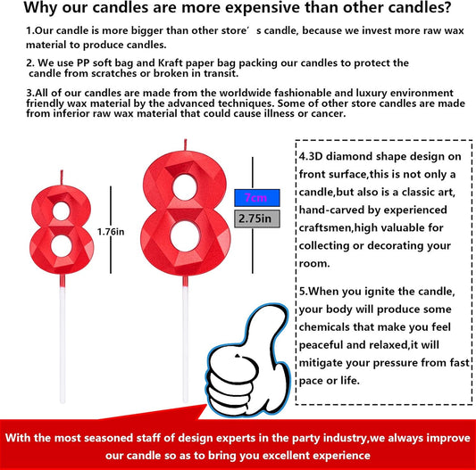 2.75in Tall 3D Diamond Shape Bright Red 8 Candles, Red Color Happy Birthday Cake Toppers Decorating and Celebrating for Adults/Kids Party/Family Baking (Bright Red Diamond Shaped 2.75in Number 8)