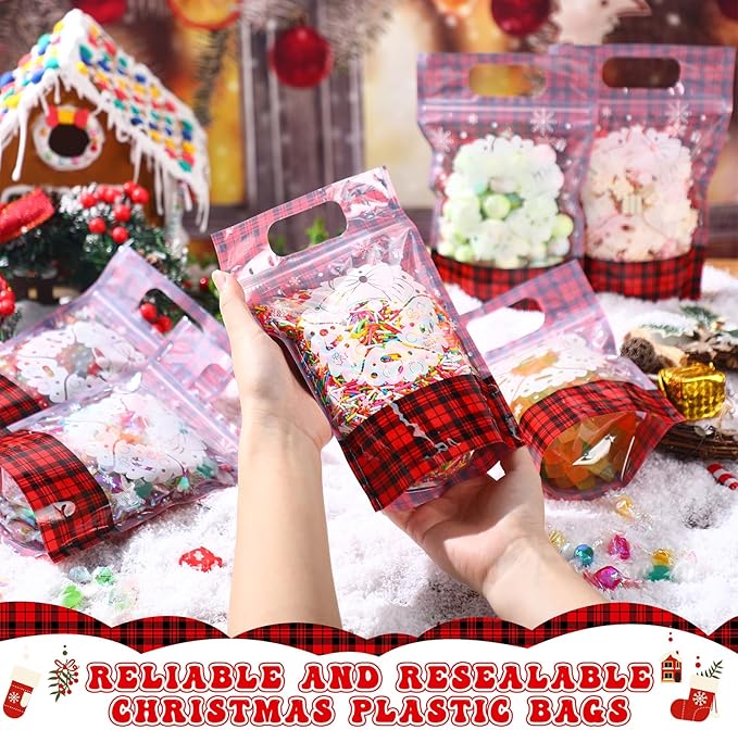 Blosssound 50 Pcs Christmas Party Gift Bags Red Black Plaid Plastic Bags Xmas Buffalo Favor with Handle for Christmas Holiday Party Candy Guests Gift Wrapping Supplies Decor (Buffalo Plaid)