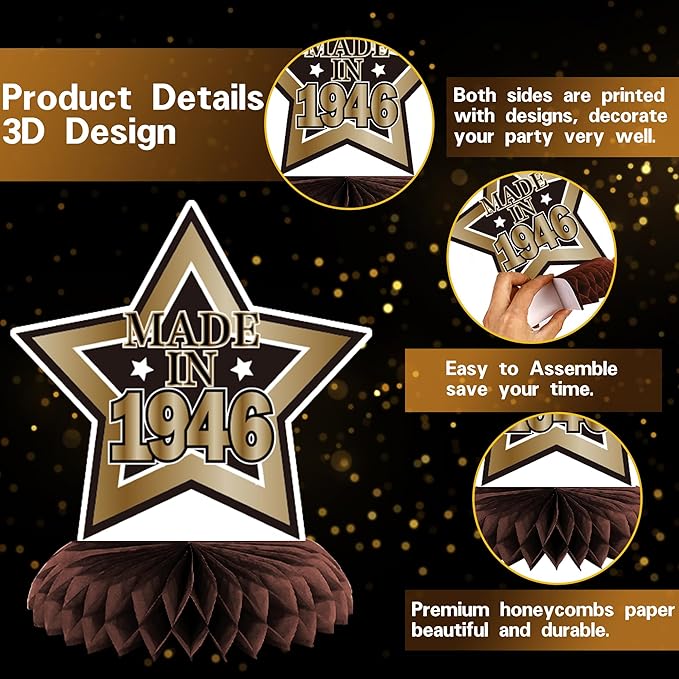 DARUNAXY 80th Birthday Party Decorations for Men Women, Vintage Back in 1946 Banner, Black 80 Number Balloons & Cake Topper, Vintage 1946 80 Birthday Honeycomb Hanging Swirl Confetti Balloons(30PC)