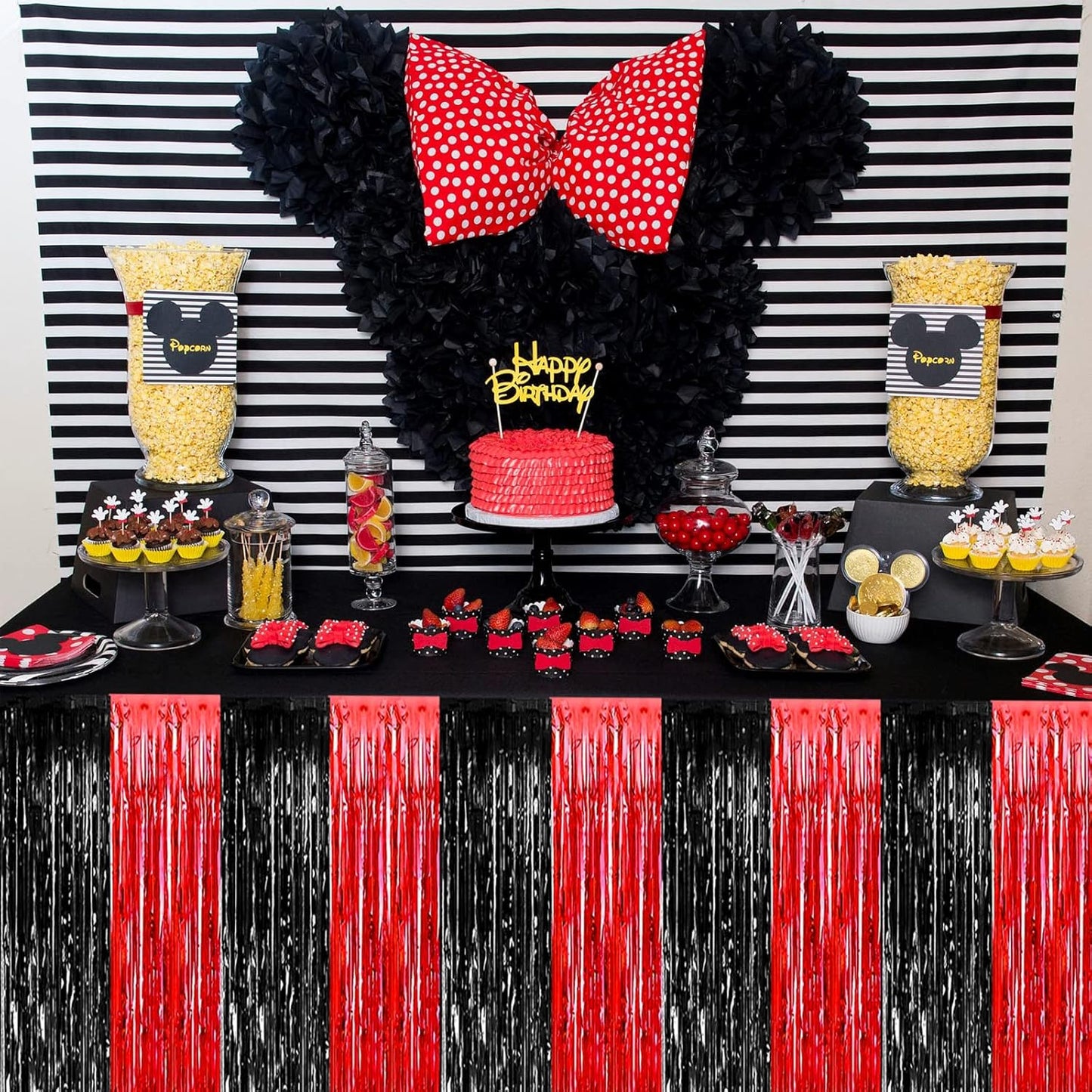 6 Pack 29x108 Inch Metallic Foil Fringe Table Skirts Banner for Tinsel Streamer Garland Curtains Backdrop for Parade Floats Casino Viva Las Vegas Game Night Birthday Party Decorations(Black Red)