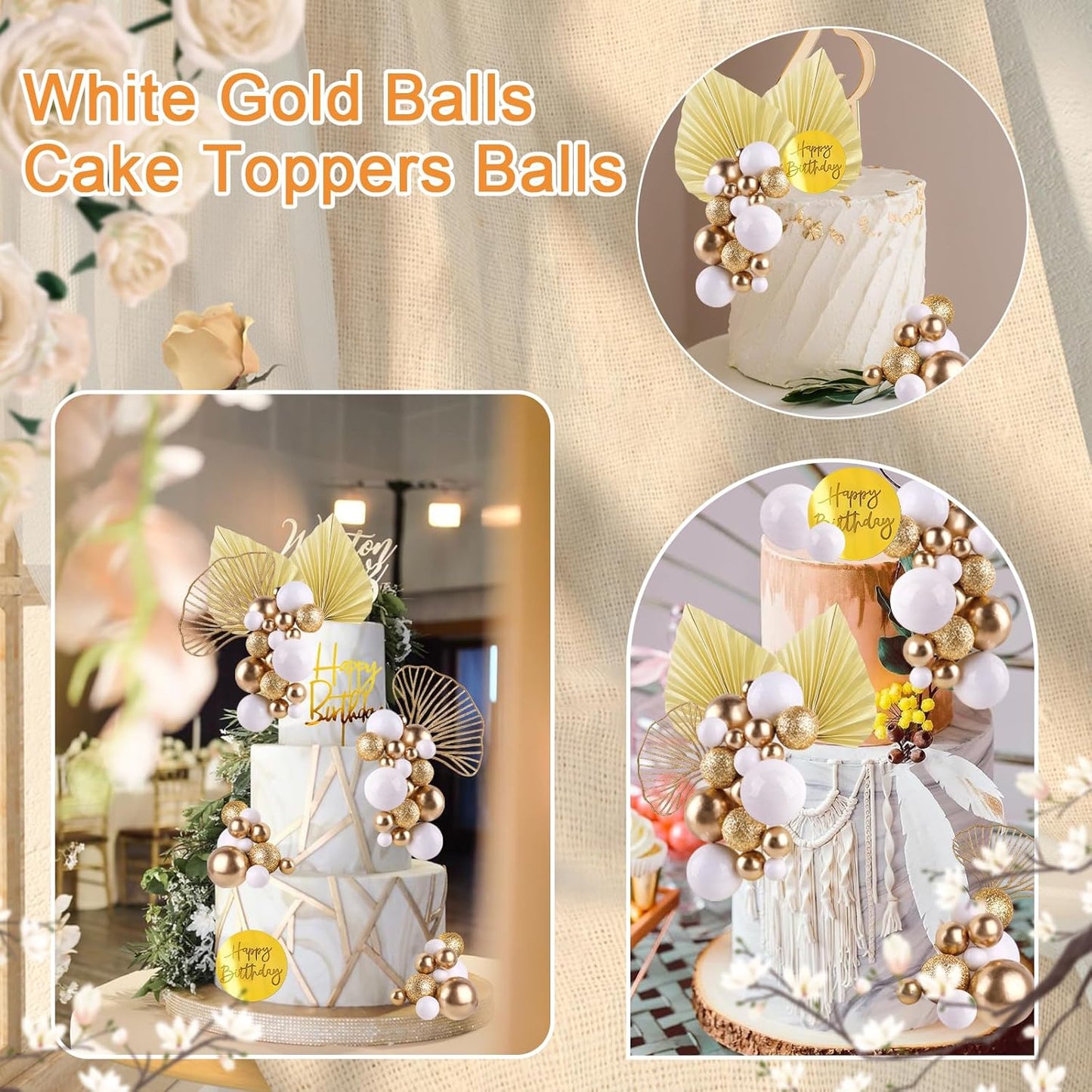 MEMOVAN White Gold Balls Cake Toppers Champagne Rose Cake Decoration with Gold Palm Leaves Boho Birthday Cake Decoration Balloon Cake Insert for Birthday Bohemian Wedding Baby Shower Party