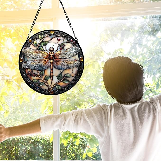 Stained Glass Window Hanging - Dragonfly Plant Suncatcher Ready to Hang Window Doors Home Decoration, Christmas, Mother's Day Birthday Gifts for Women, Men, and Mom11.8x11.8 in