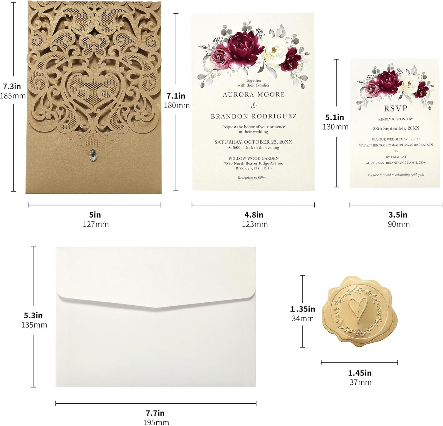 50pcs Laser Cut Wedding Invitations with Envelopes and RSVP Cards Burgundy and Gold, 5x7.3 Personalized Invitation Cards for Wedding, Anniversary Invitations with Rhinestone
