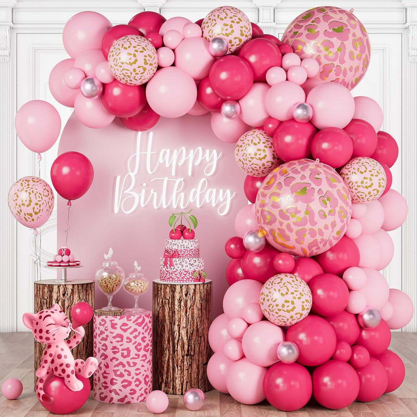 Pink Cheetah Print Balloon Arch Kit, Pastel Hot Pink Leopard Theme Balloons Garland Jungle Animal Party Decorations, Chrome Pink Leopard Balloons for Baby Shower Girls Cheetah Birthday Decorations