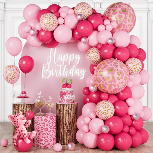 Pink Cheetah Print Balloon Arch Kit, Pastel Hot Pink Leopard Theme Balloons Garland Jungle Animal Party Decorations, Chrome Pink Leopard Balloons for Baby Shower Girls Cheetah Birthday Decorations