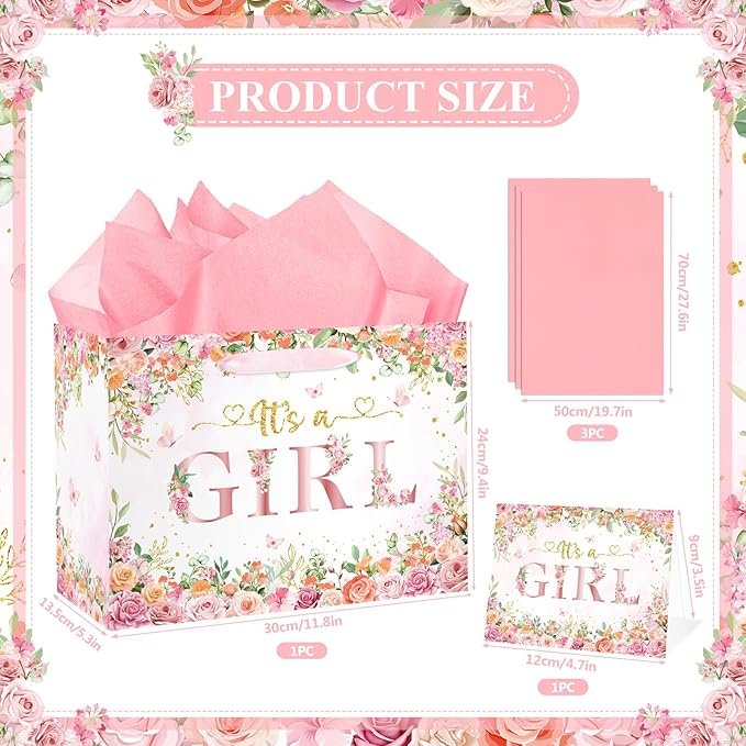 Wayyogh Baby Shower Paper Bag, Rose Gold Floral 'It's a Girl' Gift Bag with Wrapping Tissue Paper, Greeting Card and Handle for Girls' Baby Shower, Birthday Party Favors Decorations Supplies
