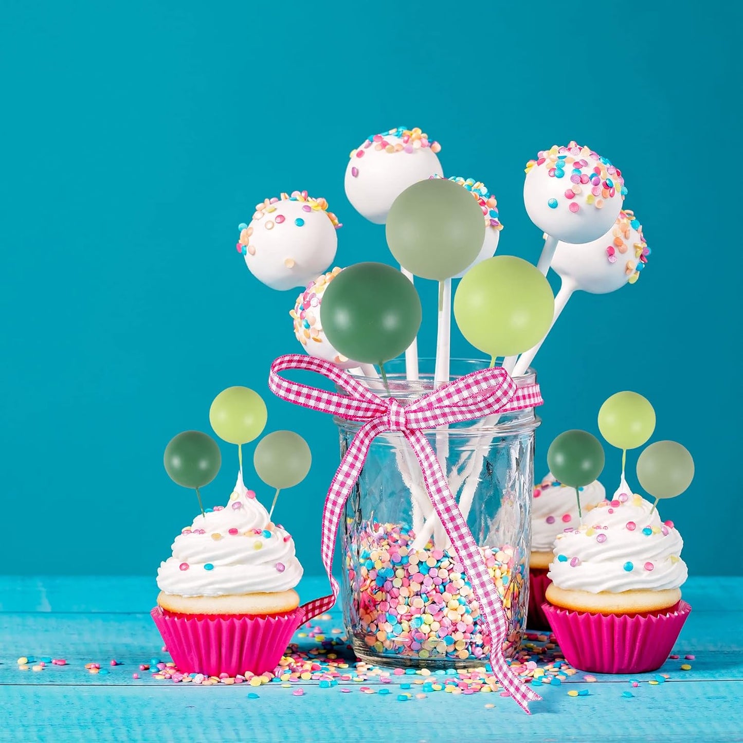 Gyufise 30Pcs Mini Balloon Cake Topper Foam Ball Cake Picks Faux Pearl Balls DIY Cake Decoration for Baby Shower Wedding Anniversary Birthday Party Supplies Green Dark Green Light Green
