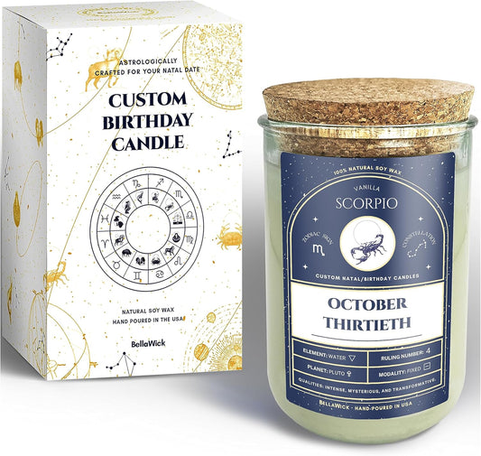 Birthday Candles - Custom Birthdate Astrological Zodiac Scented Candles. Astrology Gifts. All Natural Soy Wax. 75+ Hour Burn Time. Made in USA -October 30