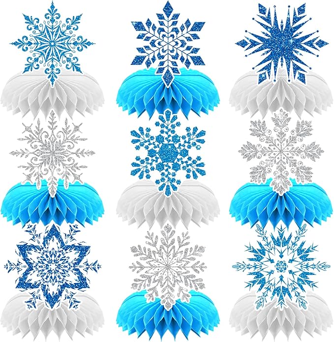 Winter Wonderland Decorations, 9Pcs Snowflake Honeycomb Table Centerpieces in Blue and White, Snowflake Table Decorations for Christmas Party, Baby Shower, Birthday, Holiday Events