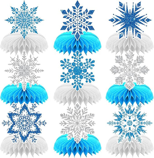 Winter Wonderland Decorations, 9Pcs Snowflake Honeycomb Table Centerpieces in Blue and White, Snowflake Table Decorations for Christmas Party, Baby Shower, Birthday, Holiday Events