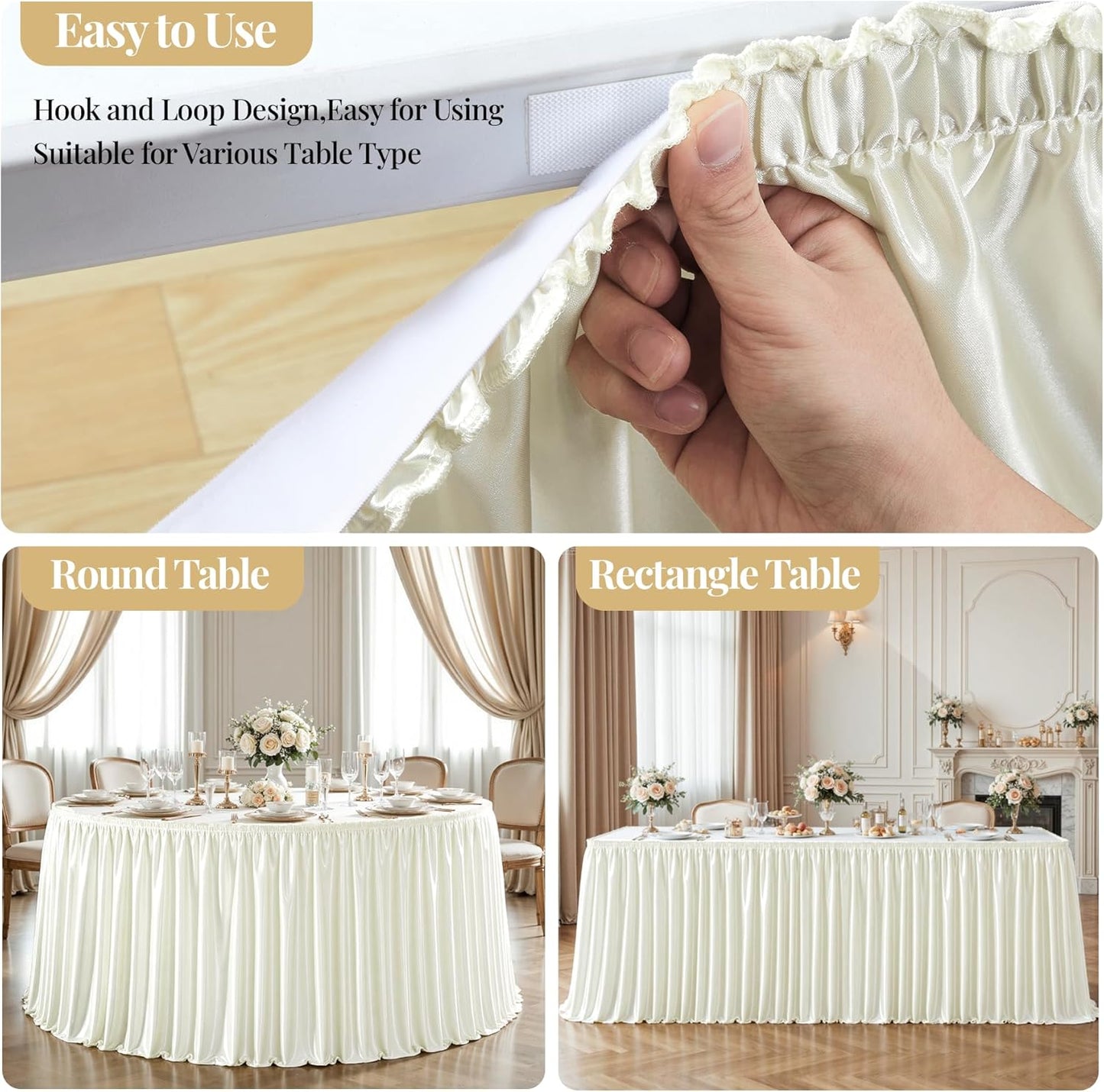 Wish Care 6ft Ivory Satin Table Skirt for Rectangle Tables Wrinkle Free Glitter Desk Skirts Pleated Ruffle Table Cloth for Wedding Birthday Baby Shower Party Banquet Cake Teacher Table Decorations